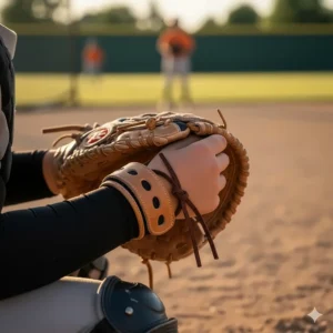 Detail of the adjustable wrist strap feature found on a high-quality youth catcher's mitt.
