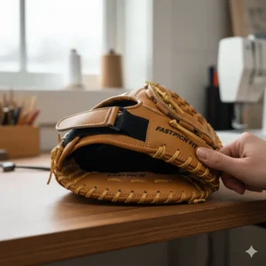 Detail shot of the adjustable wrist strap and finger stalls inside a fastpitch softball catcher's glove for a secure, custom fit.