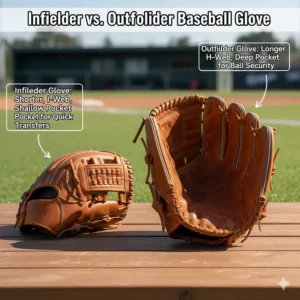 Side-by-side comparison illustrating a typical infielder baseball glove next to an outfield glove, highlighting the difference in pocket depth and length.