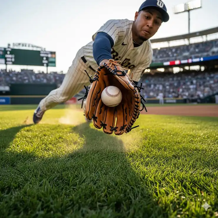 A professional baseball outfielder making a catch, showcasing the best glove for outfield play and proper fielding technique.