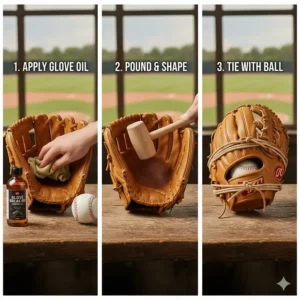 Step-by-step visuals of the proper technique for breaking in an outfield glove using oil and mallet to ensure a custom fit.