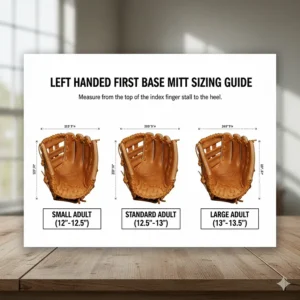 Sizing guide illustration for selecting the correct left hand first base mitt size.