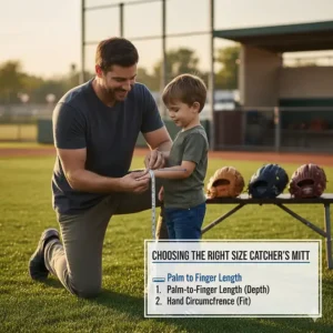 Diagram showing how to measure a player's hand to ensure choosing the right size catchers mitt for an ideal fit.