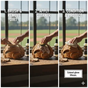 Image showing the necessary tools and process for cleaning and maintaining outfield gloves to extend their lifespan.