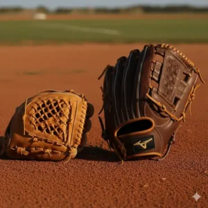 Side-by-side comparison illustrating the size and web differences between a pitching glove and a larger outfield glove.