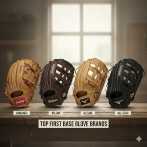 Lineup of the best first base gloves from leading brands like Rawlings, Wilson, and Mizuno for comparison.