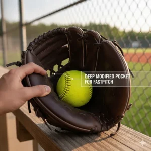 A visual illustrating the deep, modified pocket specifically designed into fastpitch softball catcher's gloves to securely catch a softball.