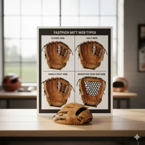 A comparison chart showing different web styles (e.g., closed, half-web) available on fastpitch softball catcher's gloves.