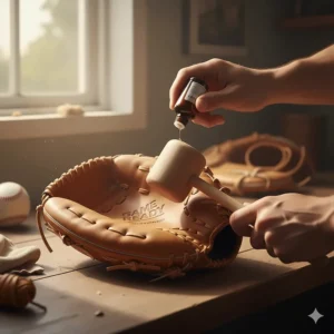 Close-up of a new first base glove being broken in with oil and a mallet.