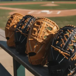 A visual guide to popular first base glove webbing styles, including the durable H-Web and flexible Single Post web designs.