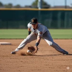 First baseman using their specialized first base glove to scoop a difficult, low throw out of the dirt, utilizing the mitt's unique shape.