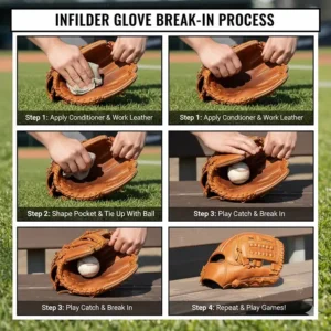 Step-by-step graphic detailing the proper break-in procedure for a new infielder baseball glove to achieve a customized fit.