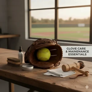 A set of cleaning and conditioning tools next to a well-maintained fastpitch softball catcher's glove.