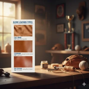 Comparison chart of different leather types (full-grain, steerhide, kip) used to construct the best catchers gloves.