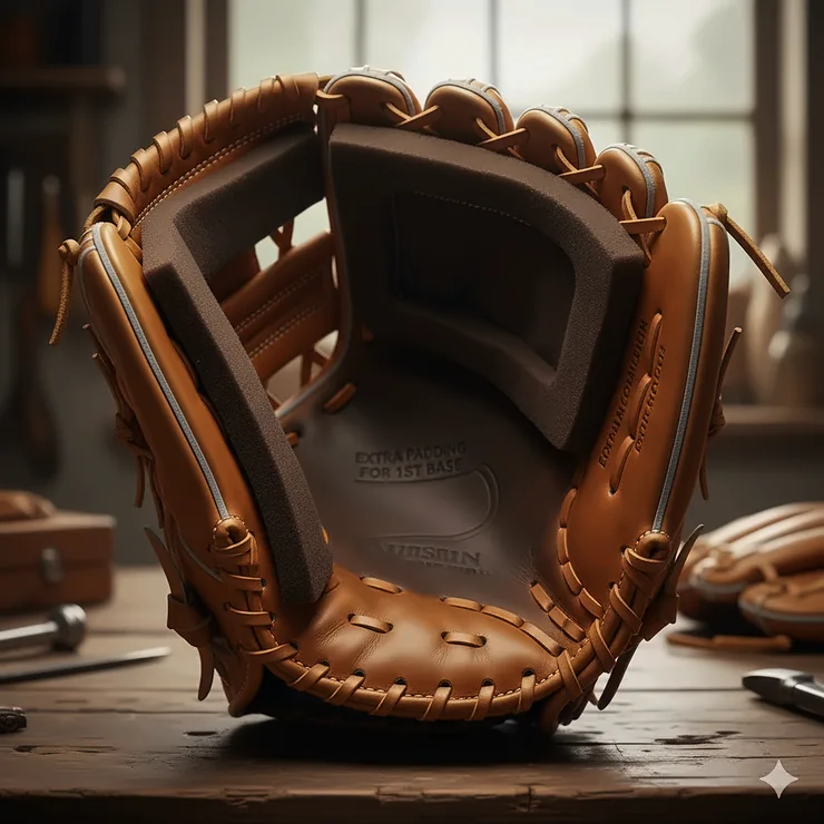 Interior view showing the deep pocket and extra padding that makes a first base glove specialized.