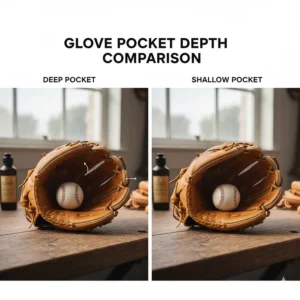 An illustration comparing deep versus shallow pocket depths in different models of the best catchers gloves.