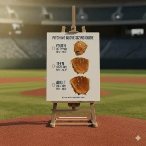 Graphic illustrating the recommended sizing chart for selecting the proper baseball pitching gloves for various age groups.