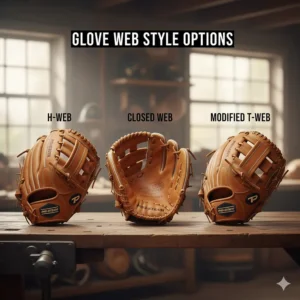 Visual representation of common web styles (H-web, closed web, modified T-web) on a catcher's glove.