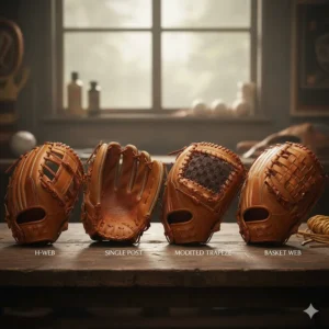 Comparison image illustrating the different web styles available for the best first base gloves, like the H-web and single post web.