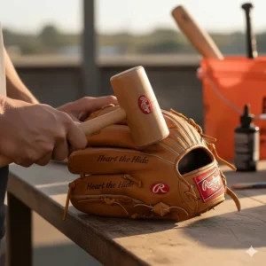 A baseball player using a mallet to break in a new Heart of the Hide infield glove, demonstrating the stiffness and quality construction.