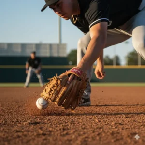 An action shot of an athlete fielding a ground ball with a classic Heart of the Hide infield glove.