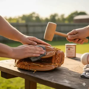 Step-by-step process showing how to break in a new leather first base glove using oil and a glove mallet to form a perfect pocket.