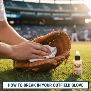 Step-by-step image of a player using conditioning oil to break in their new outfield glove properly.