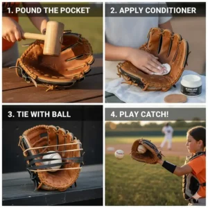 A step-by-step visual guide on how to properly break in a youth catcher's glove.