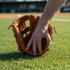 Illustration of a baseball player's hand positioned correctly in an infielder's glove during a fielding drill.