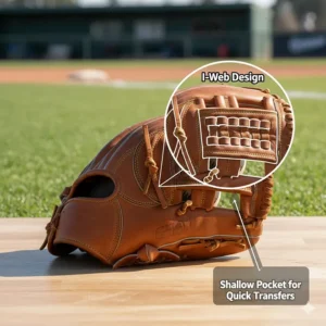 Diagram showing the I-web design characteristic of an infielder baseball glove, emphasizing the shallow pocket for quick transfers.