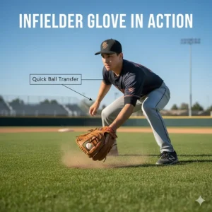 Cartoon or sketch of a baseball player using an infielder baseball glove to field a groundball, demonstrating the quick ball transfer.