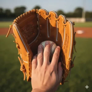 Inside view of a first base mitt demonstrating proper hand placement, often with two fingers in the pinky stall for enhanced control and pocket depth.