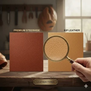 Detail photo highlighting the difference between premium steerhide and kip leather used in top-rated first base gloves.