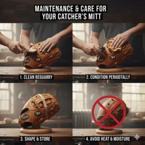 A visual checklist of essential maintenance and care tips for extending the lifespan of a premium catchers mitt.