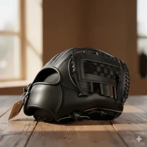 Brand new sleek black leather pitching glove shown on a wooden surface with a small tag attached.