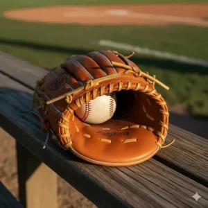 Close-up of a new leather first base glove, or mitt, showcasing its deep, wide pocket and signature curved scoop edge designed for optimal fielding performance.