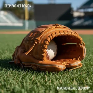 Close-up of an outfield glove's deep pocket, designed for secure ball catches and minimizing drops during high-speed plays.