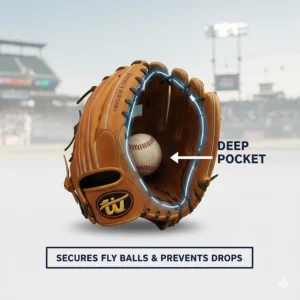 Diagram illustrating the deep pocket required in the best glove for outfield to secure fly balls and prevent drops.