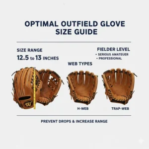 Infographic showing the optimal outfield glove size range (12.5" to 13") and web types for serious fielders.