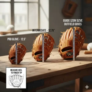 Diagram illustrating how to measure for the correct outfield glove size, showing typical lengths from 12.5 inches to 13.0 inches.