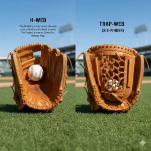 Comparison image of the popular H-Web and Trap-Web designs, essential features for outfield gloves to hide the ball and provide a larger catching surface.