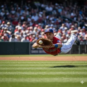 Action shot of a professional player making a difficult catch, highlighting the reach and function of a large outfield glove.