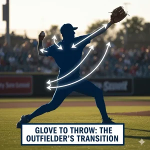 Silhouette of an outfielder transitioning from catch to throw, emphasizing the glove's role in the complete fielding process.