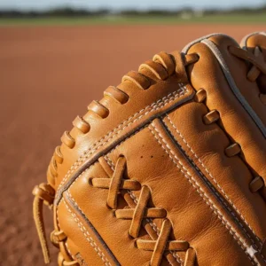 Macro view of the reinforced stitching and leather lacing details on the thumb and pinky of a durable pitching glove.