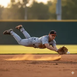 Baseball player stretching to make a critical catch with a first base glove, illustrating the mitt's extended length and reach advantage on wide throws.