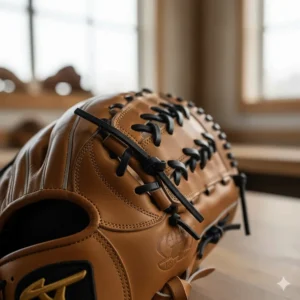 Close-up texture of a premium Kip leather fastpitch catcher's glove, highlighting the material quality and durability.