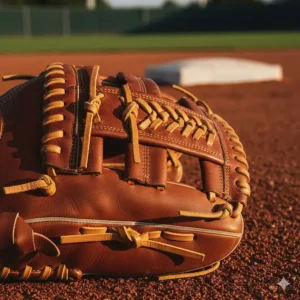 Detailed shot of the durable lacing system on a premium lefty first base glove.