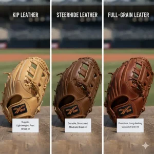Showcase of different leather materials (steerhide, kip leather) used to construct high-quality, durable outfield gloves.