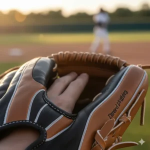 Close-up of premium leather on a best youth catcher's glove for durability and feel.