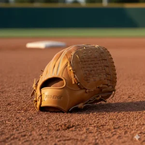 Close-up of a high-quality leather pitching glove resting on a baseball mound, ready for use.